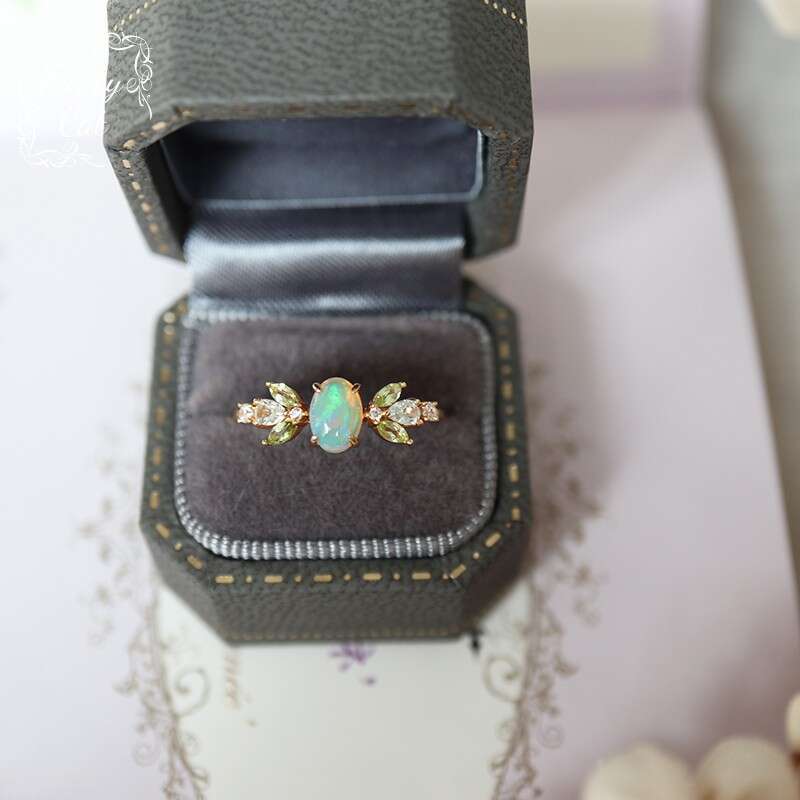 Natural Opal Protein Stone Peridot White Crystal Leaf Light Luxury Same Style 14K Plated Ring