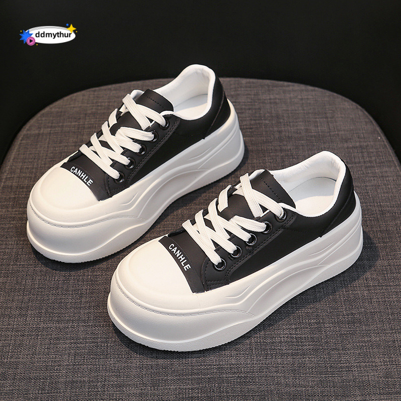 2025 New Style High-End Genuine Leather Thick-Soled Sneakers Height Increasing Versatile Lace-Up White Fashion Casual Shoes for Women ddmythur