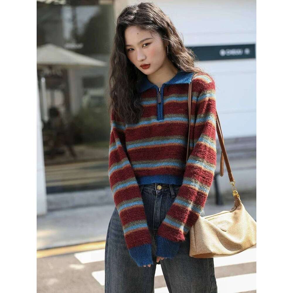 Department of Beauty Rainbow striped zipper half neck cashmere knitwear women's fall/winter loose sweater woolen base