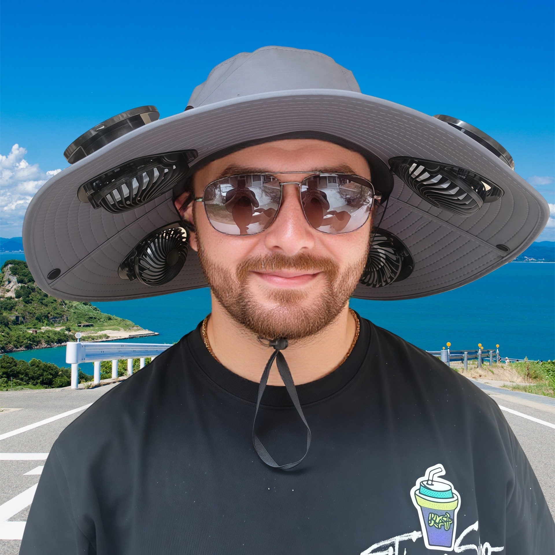 Waterproof Bucket Hat Sun Cap Tactics Wide-Brimmed Outdoor Fan Hat with Solar Charging Breathable Mesh Adjustable Speed Cap Hat Fishing foldable sun v