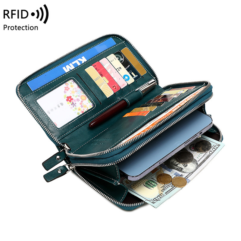 Free Shipping New RFID Anti-theft Women's Wallet Double Zipper Long Designer Wallet European And American Retro Large Luxury Capacity Clutch Fash