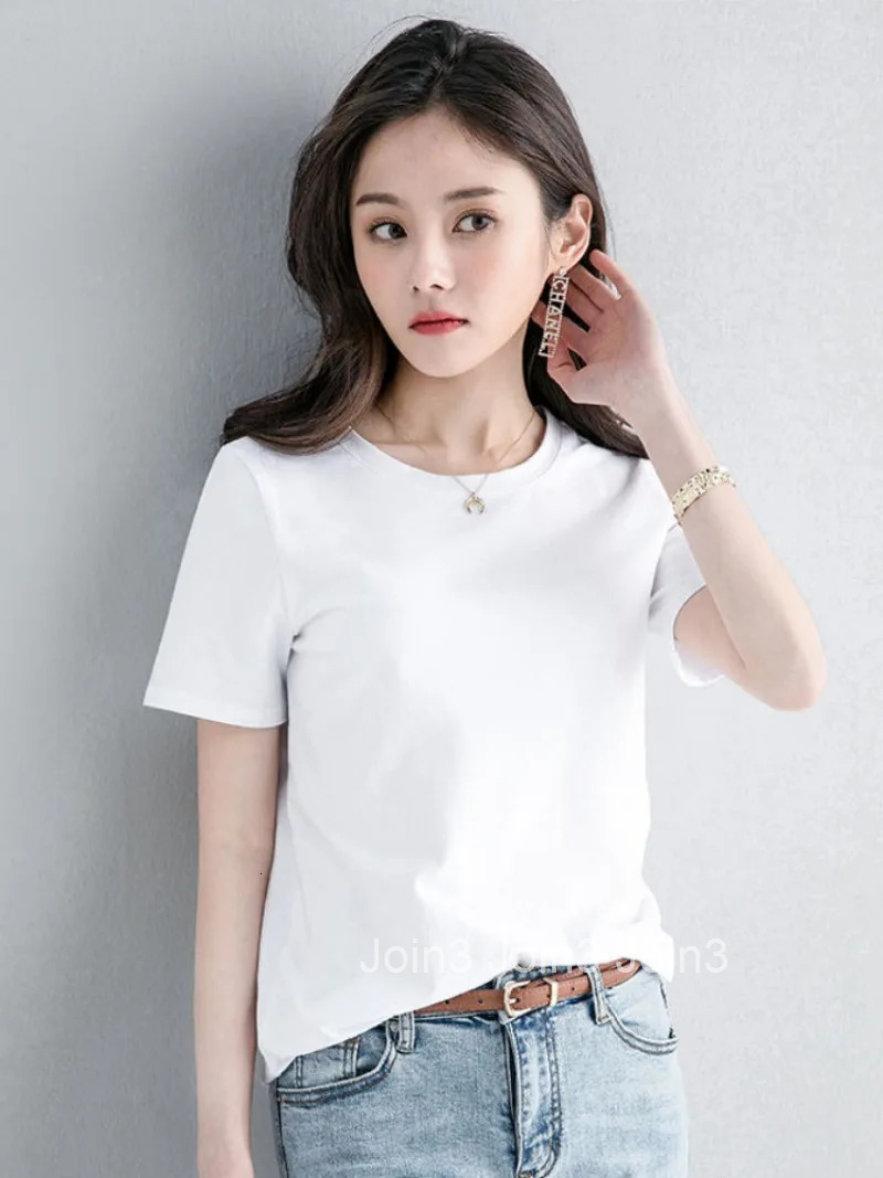 100% Cotton T Shirts for Women Causal Female Top Short Sleeve Plain Tees Slim Clothes O Neck Black White Loose Tall Pulovers Hot