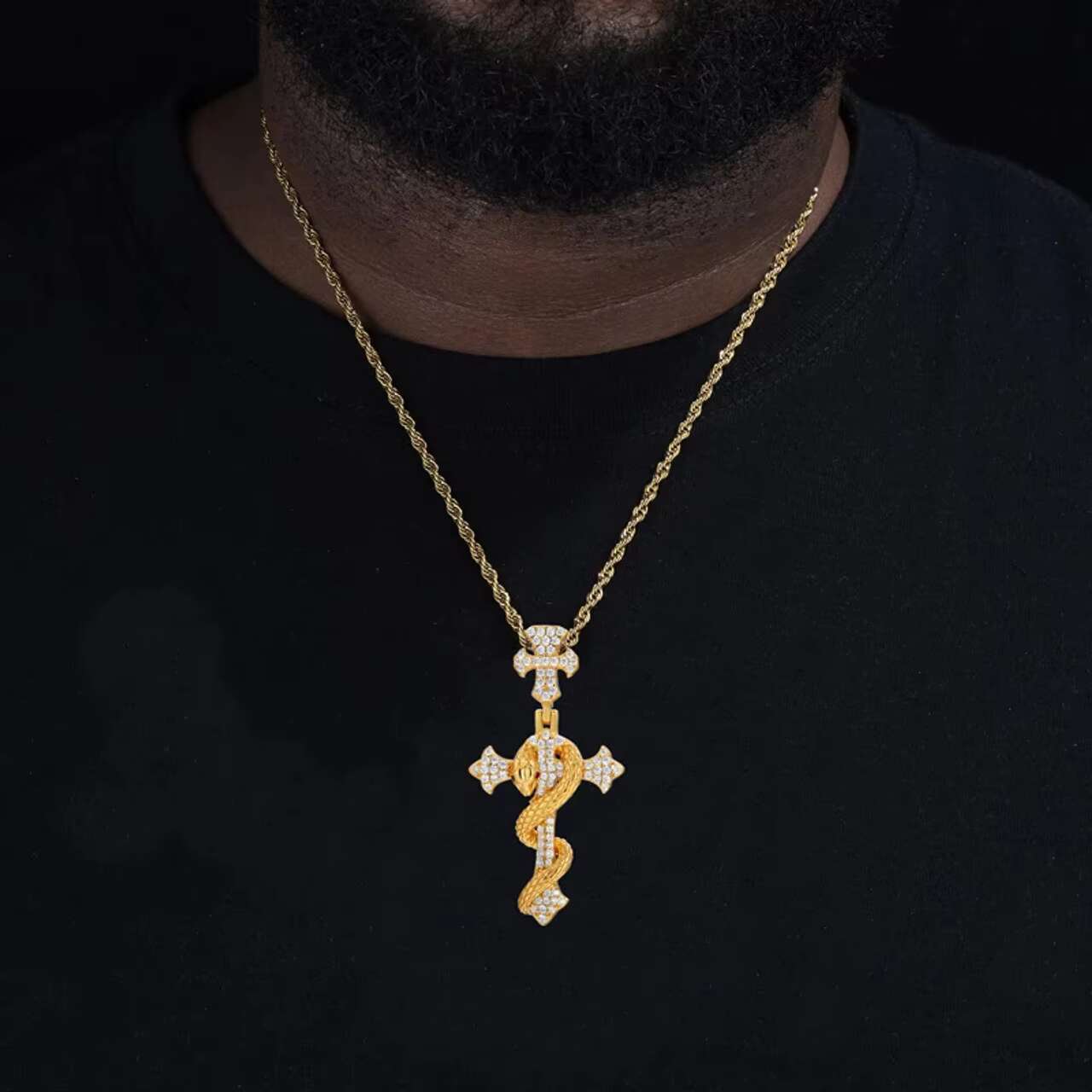 Luxury Mens Moissanite Necklace with Exclusive Solid 925 Sterling Silver Coral Snake Cross Pendant Unique Design