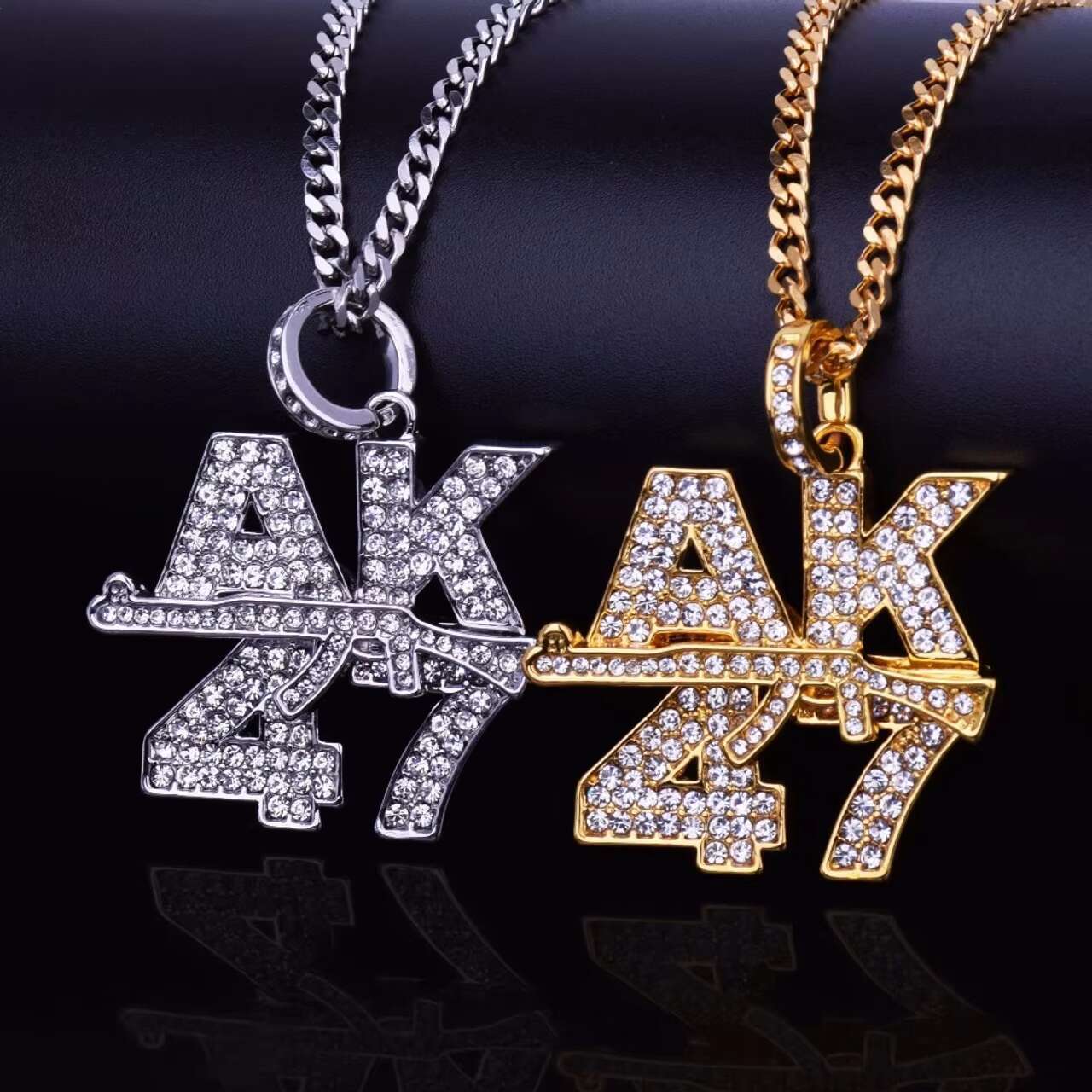 14k Gold and Silver Iced out Cuban Link AK 47 Pendant Moissanite Necklaces