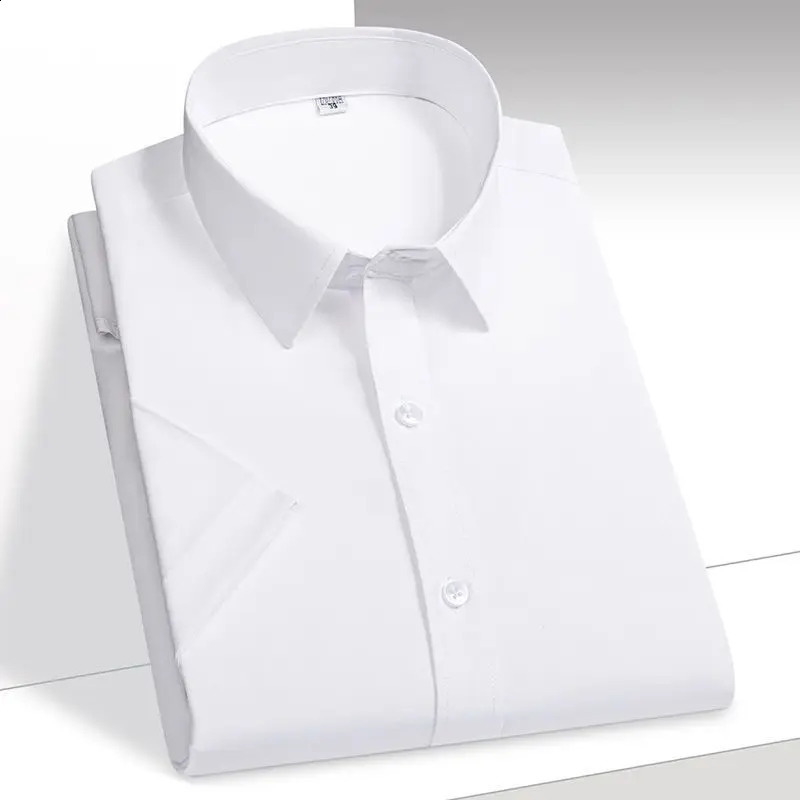 Mens Shirt Short Sleeve Elastic Solid Ice Silk Shirt Easy Care Formal Comfortable Dress Shirts Male Basic Man Clothes 250614