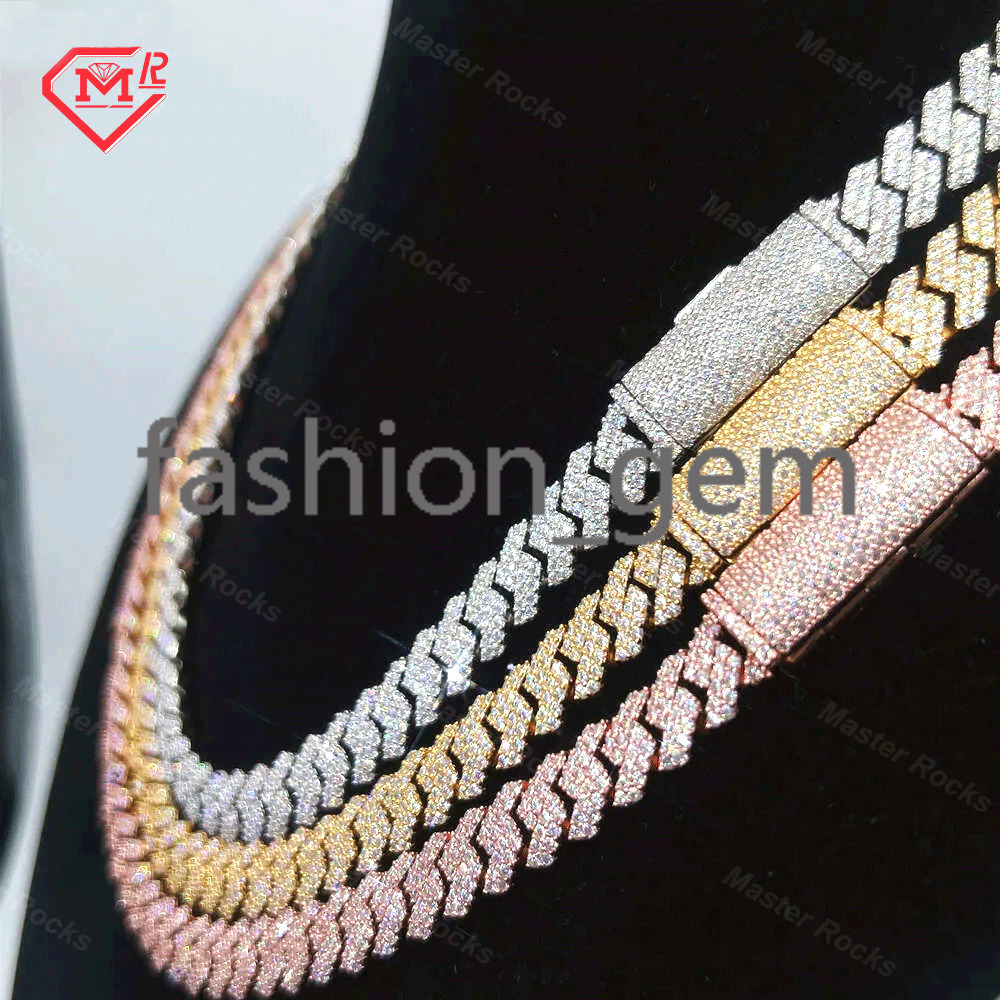 Gra Certificated Moissanite Cuban Chain 8mm 10mm 12mmm 14mm 2 Rows 925 Silver Hip Hop Moissanite Cuban Link Chain