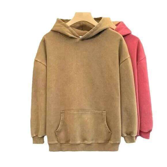 400g Pure Cotton American Vintage Style Solid Color Loose Hoodie Couple Jacket for Men
