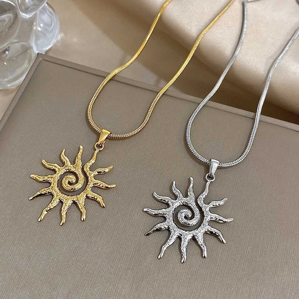 Flashbuy Vintage Chic Sun Shaped Pendant Stainless Steel Necklace Statement Golden Fashion Jewelry Gift W250618
