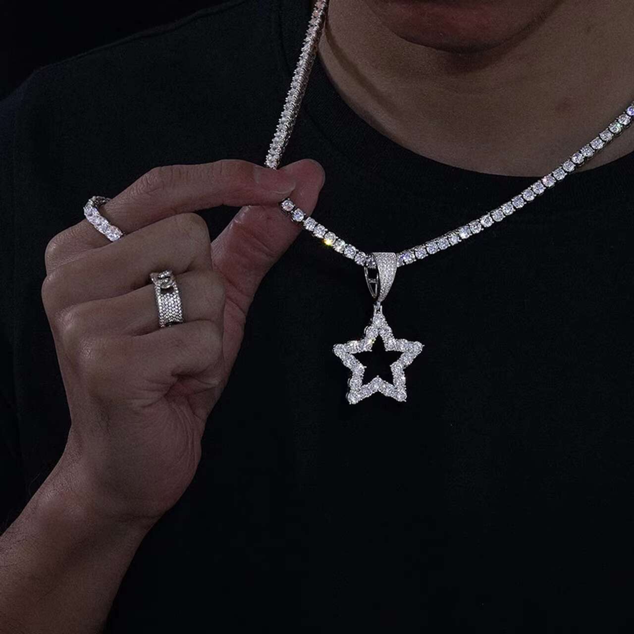 Stylish 925 Sterling Silver Flooded Ice Star Pendant with VVS Diamond Moissanite Hip Hop Style Necklace Charm