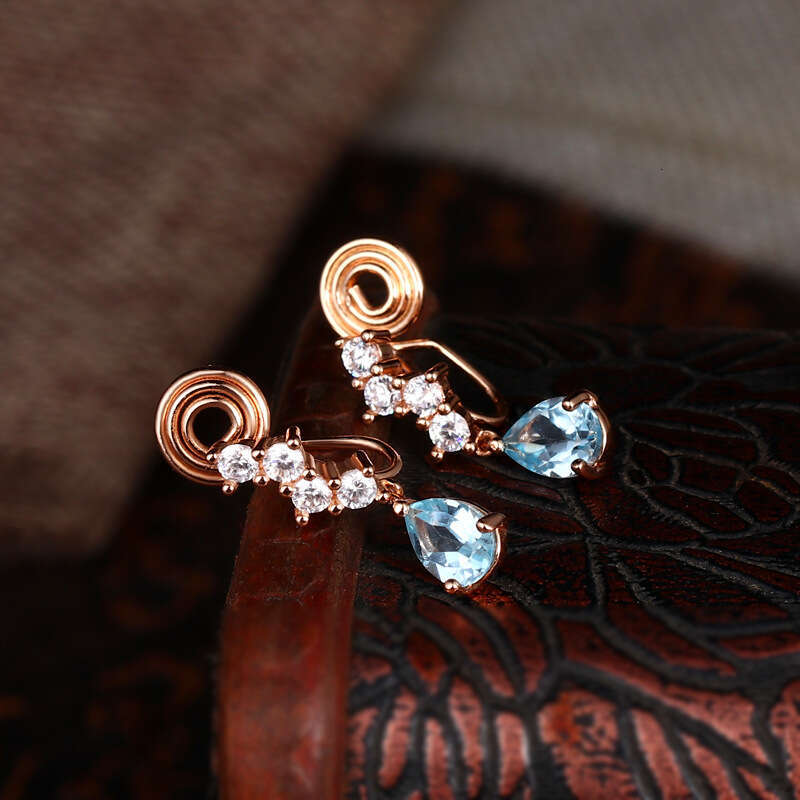 Mermaid Tears" High-End Blue Topaz Elegant Water Drop Small Earrings Painless Ear Clips for Women Without Pierced Ears Exquisite