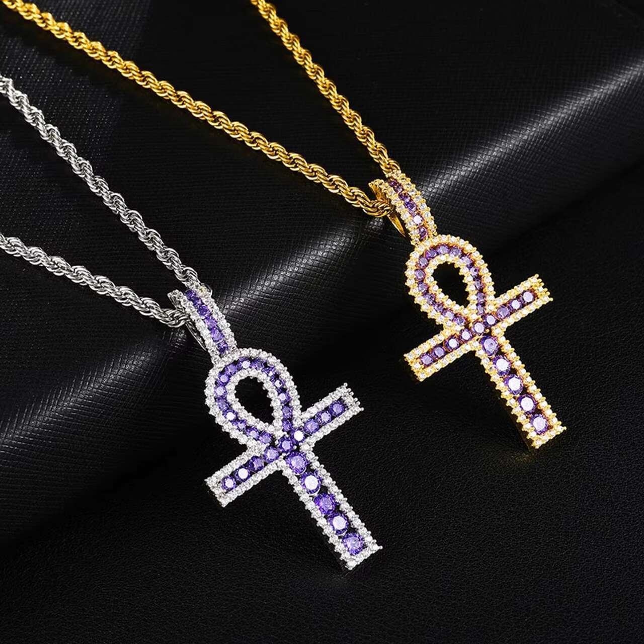 18KGold .925 Silver Filled Ancient Egyptian Ankh Cross Pendant Necklace Mens Womens Moissanite Charms Cultural African