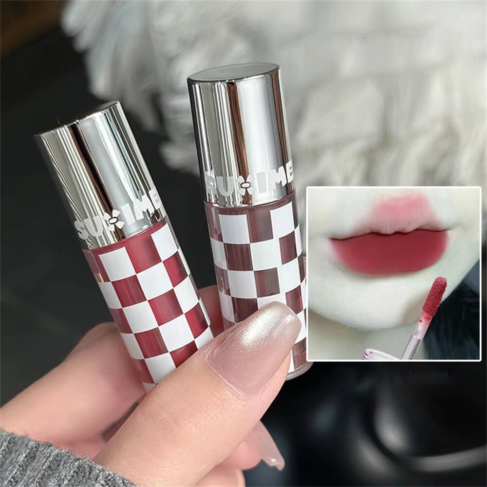 Checkered Nude Purple Matte Mud Mousse Waterproof Punk Red Velvet Gloss Non-Stick Cup Lipstick Tint Lip Makeup happy