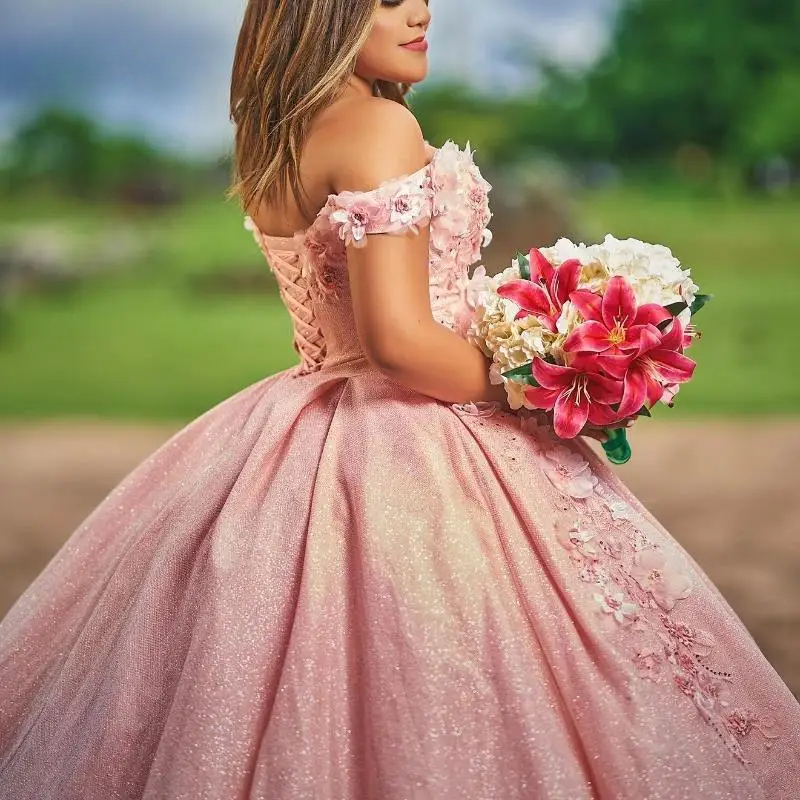 Mexican Pink Shiny Quinceanera Dresses Ball Gown Appliques Floral Lace Beading Birthday Party Sweet 16