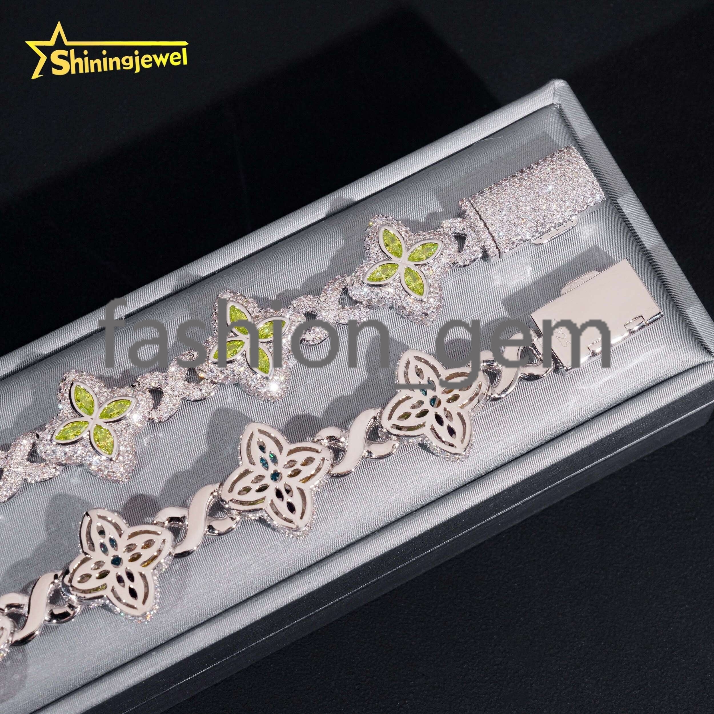 Hot Sale Fine Jewelry Hip Hop Color Diamond 925 Sterling Silver Iced Out Clover Moissanite Bracelet