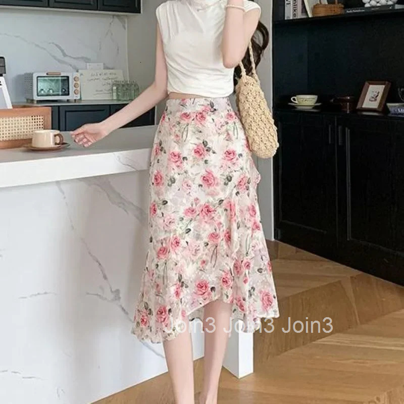 Woman Skirt Ruffle Floral Chiffon Midi Korean Style Clothing Trend 2025 Vintage Sales V Y2k Cheap Modest Summer Skirts for Women