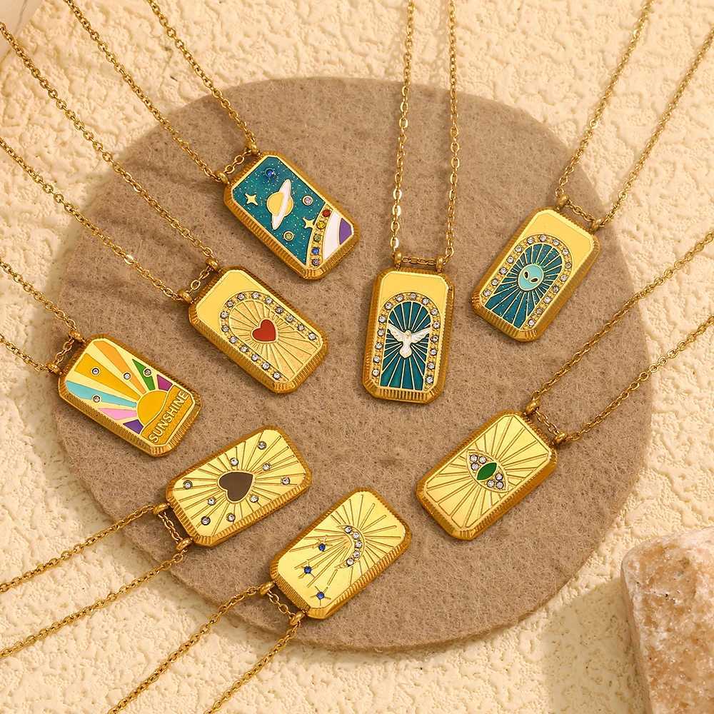 E.B.belle Multicolor Rectangle Tarot Cards Series Pendant Necklace Stainless Steel 18K Gold Plated Womens Jewelry W250618