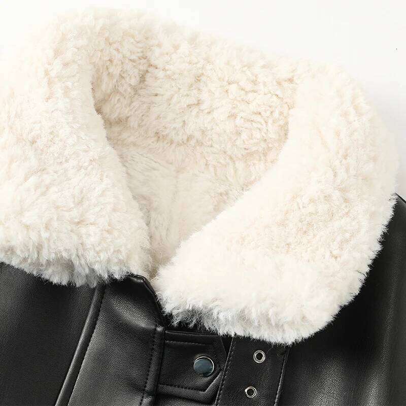 Nerazzurri Thick warm black leather jacket with inside long sleeve zipper Winter faux fur lined coats for women Fashion