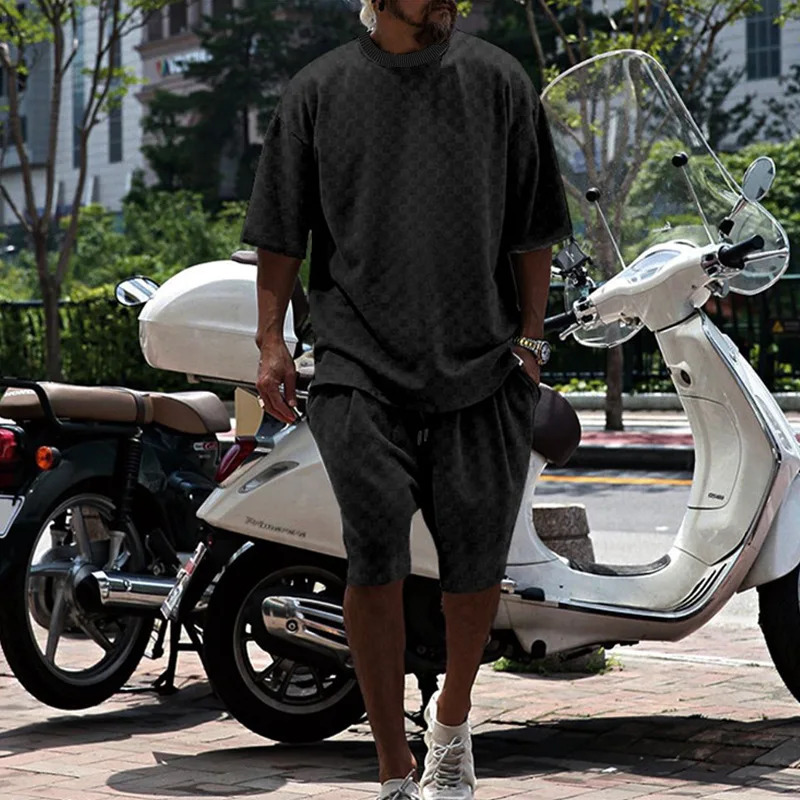 Cross-border Mens Summer Plaid Short Sleeve Loose Large Size Straight Casual Shorts Set 250617