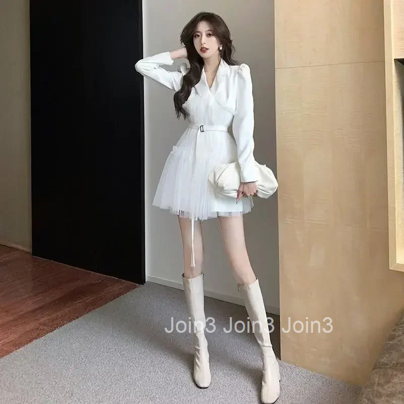 Splicing Female Dress Black White Elegant and Pretty Casual Youth One Pieces Korean Style Aesthetic Womens Long Sleeve Dresses