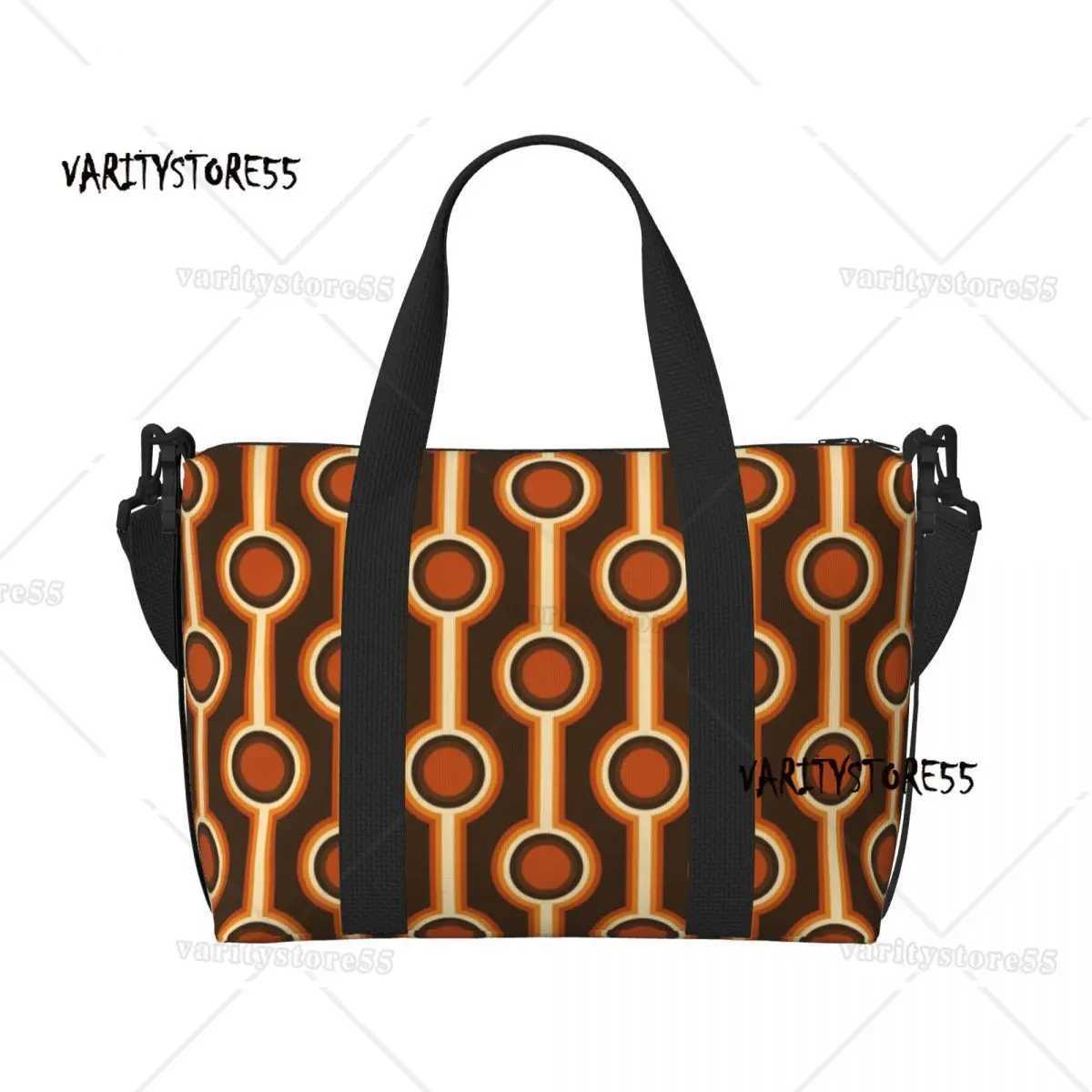 Custom 70s Retro Connected Balls In Orange And Brown Tones Beach Tote Bag for Women Mid Century Large Compartment Gym Beach Bags W250618