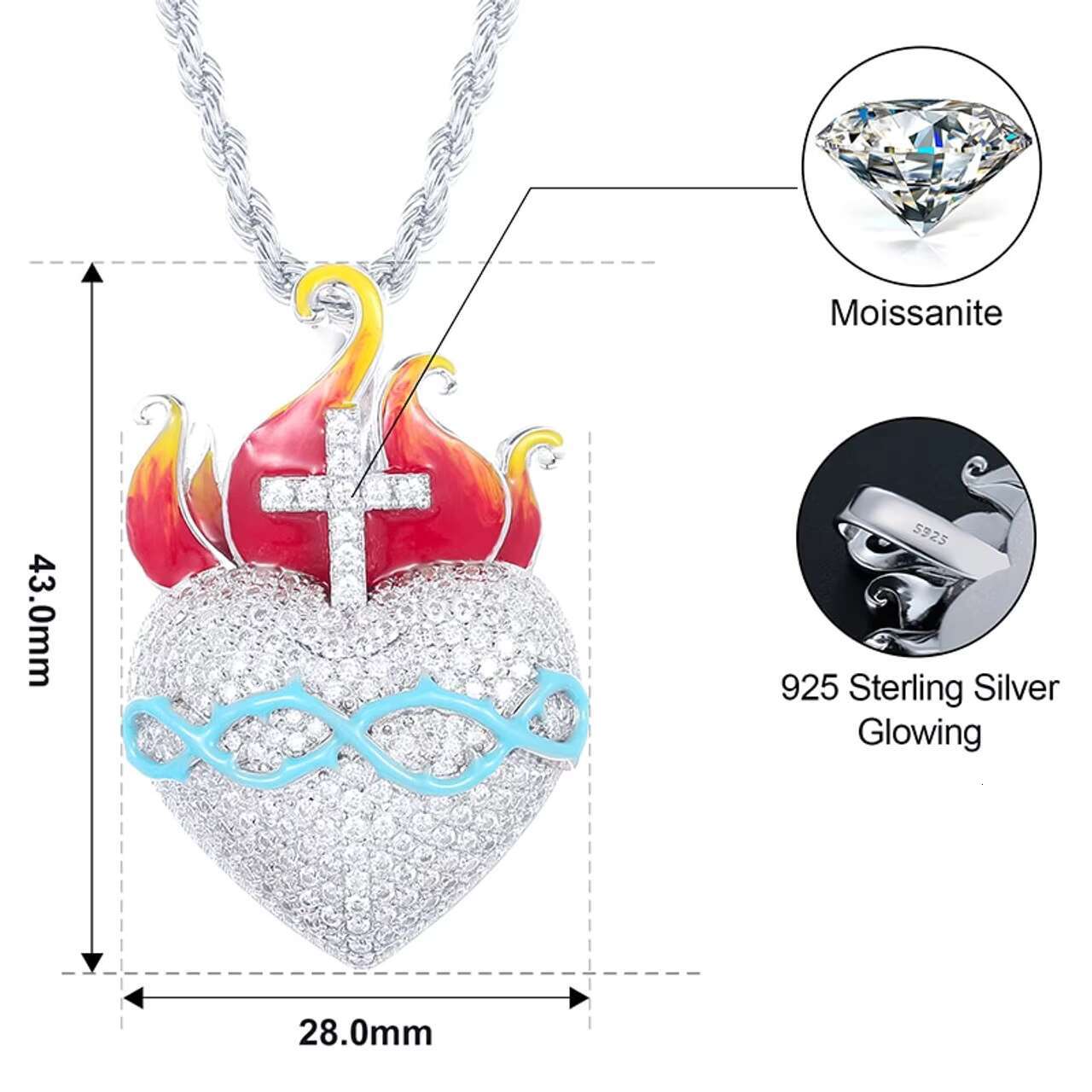 Luxury 925 Sterling Silver Moissanite Diamond Heart Pendant Necklace Unique Cross Flame Glow Dark Jewelry with Pendants Charms