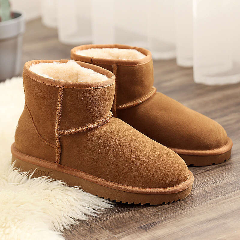 EBV Cowhide Snow for Women, Short Boots, Sheepskin Integrated, Versatile Women's Cotton Shoes, Leather Boots with Fleece and Thickened