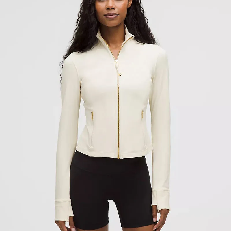 Cropped Gold Zipper Yoga Jacket Stand Up Collar Yogo Clothes Long-Sleeve Thumb Hole Training Running Sweateshirt Women Slim Fitness Coat Sports Outfit