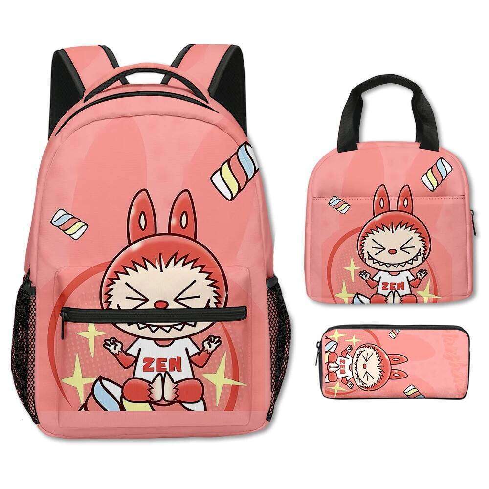 Classic Popular Novelty Labubu 3D Printed 3Pcs/Set Student School Bags Travel Notebook Backpack Portable Lunch Bag Pencil Case