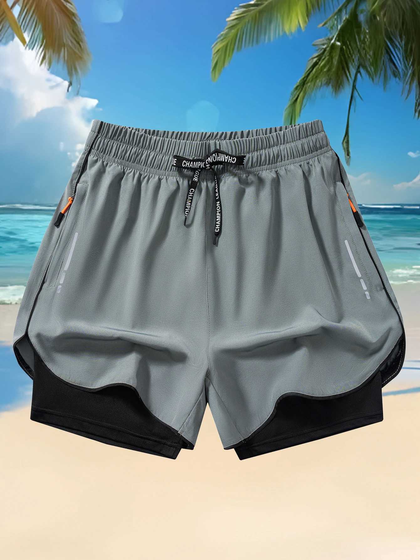Mens Summer Running Shorts with Zipper Pockets - Breathable Polyester Elastic Waistband Drawstring Split Hem for Gym Training XJ250618