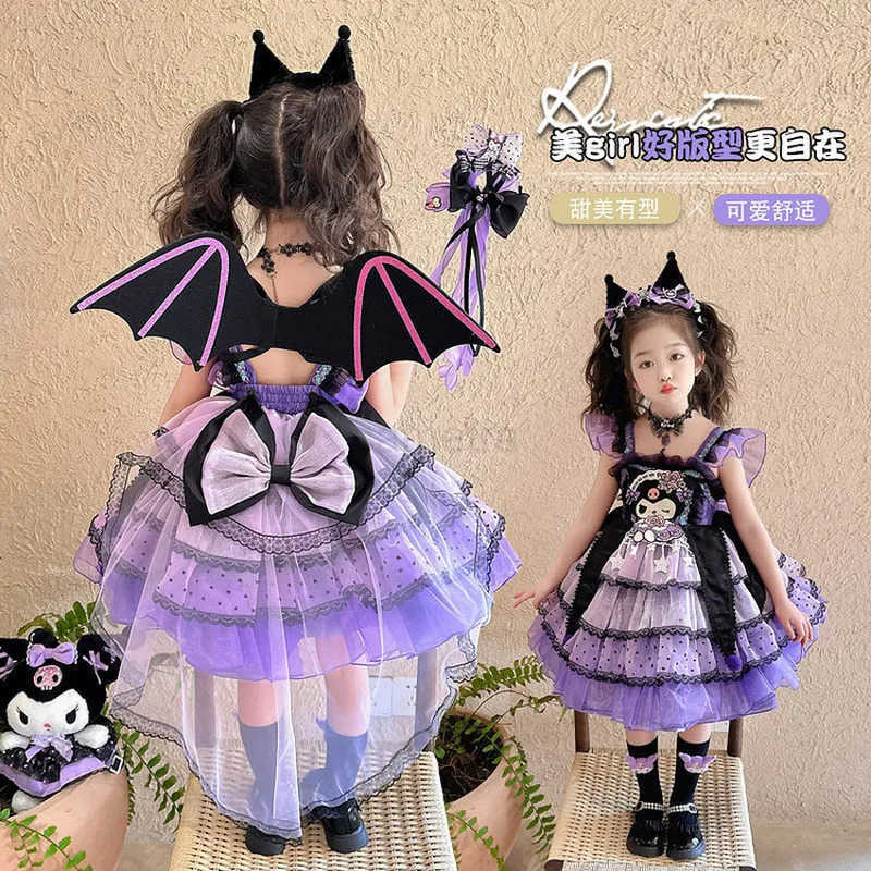 Sanrio Girls Kuromi Lolita Dress Princess Skirt Spring Summer Slip Dress Headband Wings Necklace Children Party Dress Cosplay CostumeXJ250618