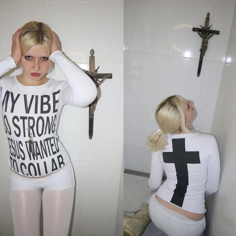 Vintage Y2k Womens Tshirt White Trash Monogram Print Cross Pattern Long Sleeve Harajuku Aesthetic Street Summer 250617