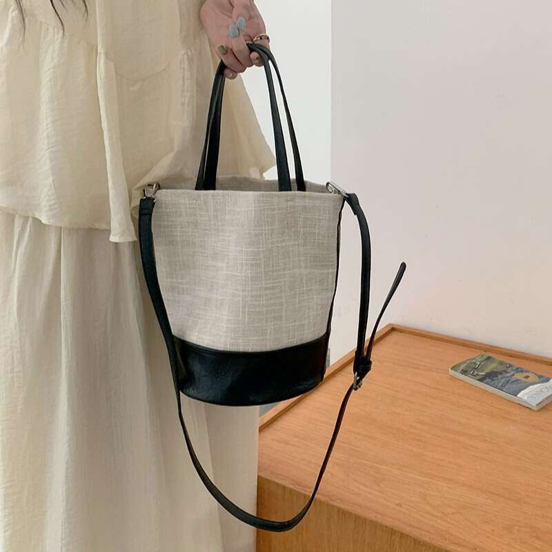 Korean Niche Handbag New Summer Women's Canvas Color Block Versatile Bucket Commuter Large Capacity Shoulder Crossbody Bag
