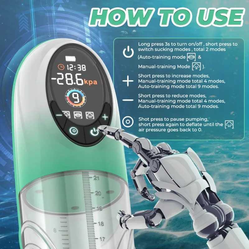 IPX7 Electric Vacuum Waterproof LCD Display 4 Pressure Levels 9 Suction Training Penis Extender Bigger Penis Pump Male Sex Toys W250618