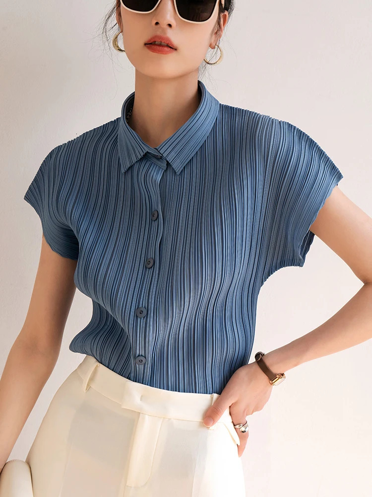 Miyake Pleated Cardigan Single Breasted Short Sleeve Polo Shirt Women Spring Summer Korean Fashion Causal Comfortable Clothing 250617