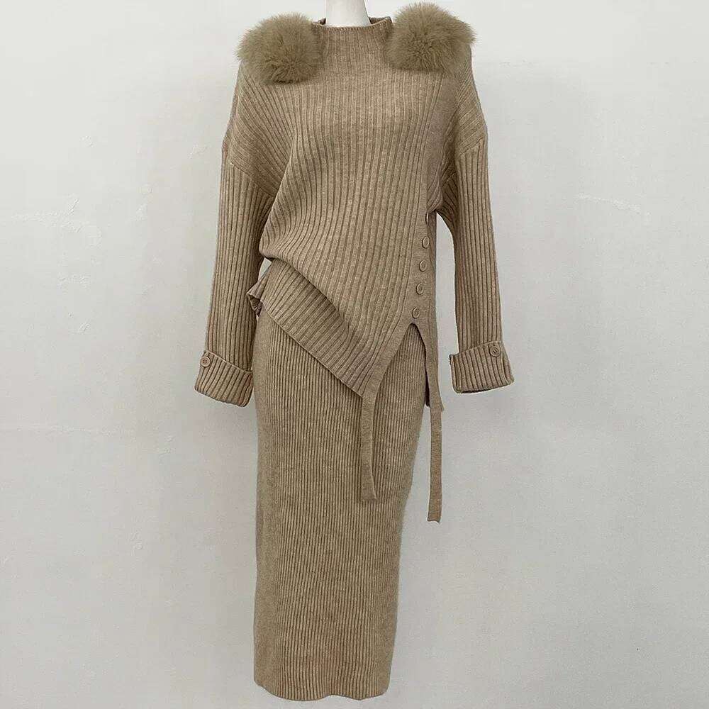 Pullover Set Women Split Fashion Knitted Spring Autumn Two Piece Long Sleeve Ladies Blouses Ruffle Pleated Skirts Real Fur Coat
