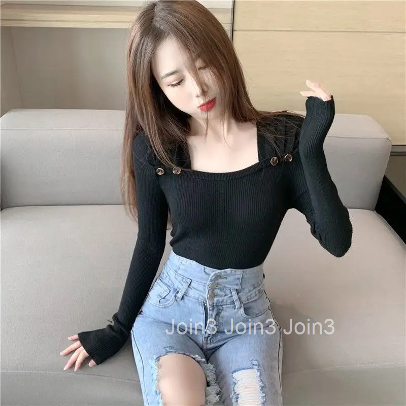 Square Neck Knit Tops for Woman Cute Winter Button Purple Kawaii Womens Sweater Cold Streetwear Korean Fashion Long Sleeve 2025