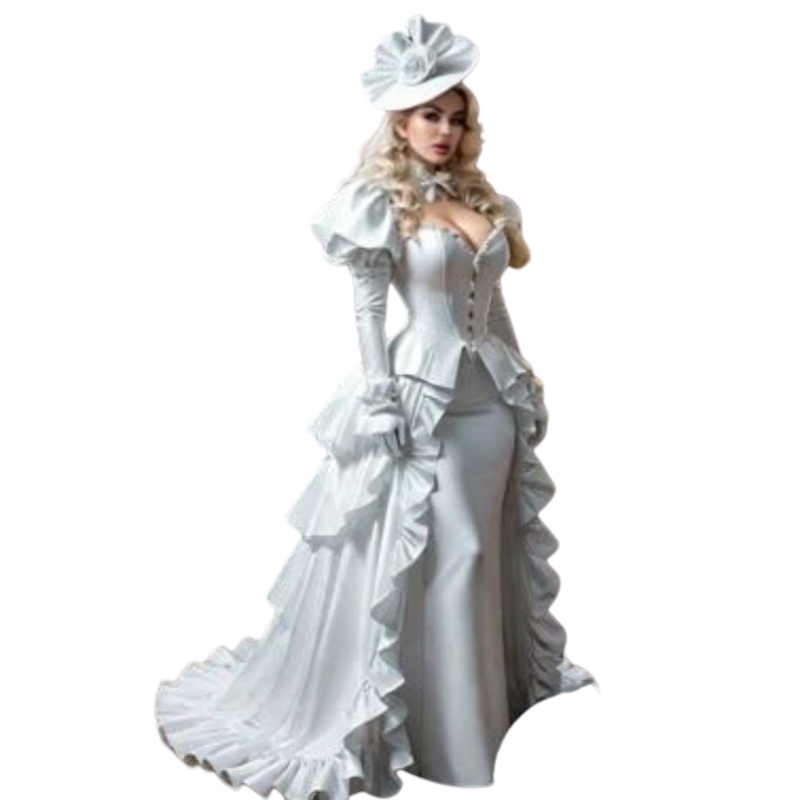 Elegant Victorian Prom Dresses With Detachable Train Puff Long Sleeves White Satin Long Evening Party Gown Corset Vintage Reception Dress Custom Made