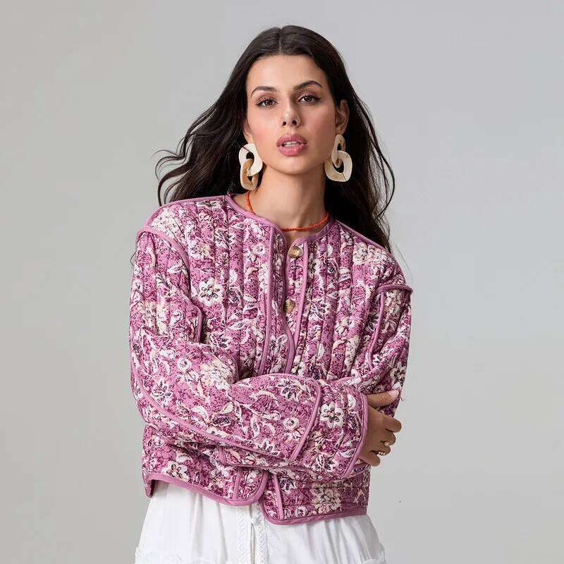 Women Puffer Jacket Autumn Winter Clothes Floral Round Neck Long Sleeve Button Down Cardigan Streetwear