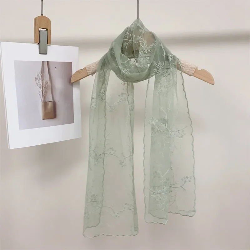 Summer 1PC Women Lace Long Scarf Embroidered Flower Long Silk Female Korean Version Literary Retro Versatile Decorative Shawl 250618