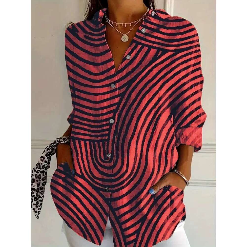 Spring New Turn-Down Collar Mid-Sleeve Casual Shirt Women's Creative Floral Print Blouse B5
