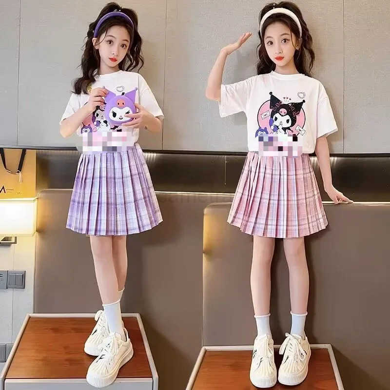 Sanrio Sanrio New Girls Short-Sleeved T-Shirt Pleated Skirt Set Kuromi Cartoon Spring and Summer T-Shirt Top Skirt Two-Piece Gift Set XJ250618