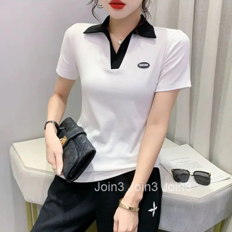 Womens T Shirts with Sleeves Top Plain Polo Neck Shirt White Clothes Youth Synthetic Cute Trend Y2k Fashion Luxury Cotton Sale