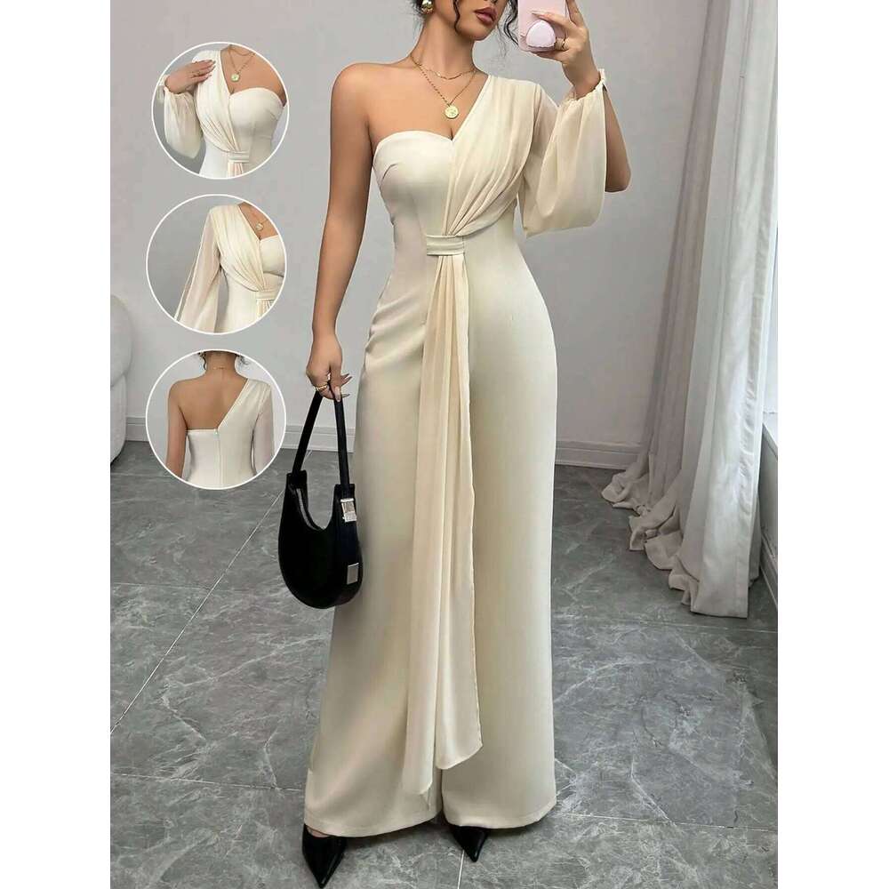 Wear Elegant One-Shoulder Single Long-Sleeved Half Strapless Half-Backed Half-Edged Chiffon Spring And Summer Ladies Jumpsuit