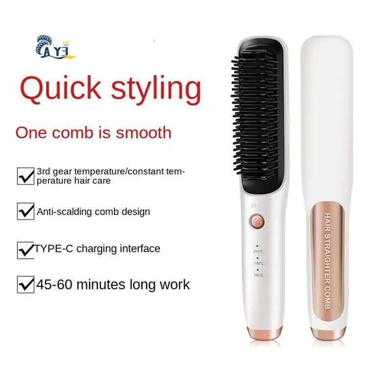 AY03-Cordless Straightening Electric Hair Smoothing Brush Beard Straightener For Rechargeable Heated Comb