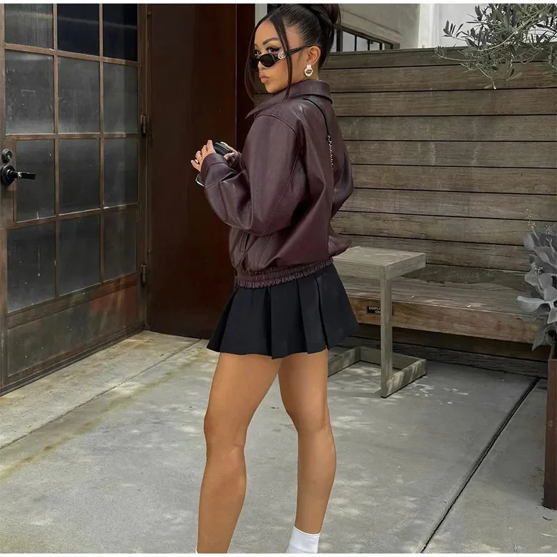 Chic Solid Color Lapel Cropped Leather Jacket Fashion Womens Pockets Long Sleeves Short Coat Lady Autumn High Streetwear 250613