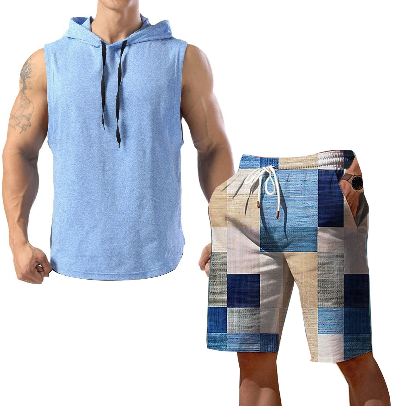 2025 selling mens oversized sports suit sleeveless hooded Tshirt shorts pants vest twopiece set summer gym 250614