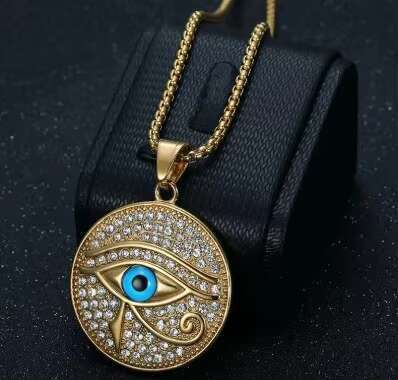 New Trendy 14k Gold Egypt Eye of Horus Pattern round Pendant Necklace with Moissanite for Mens Womens Wear