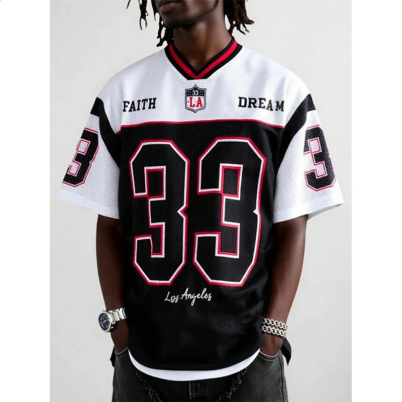 MenS Mesh Fabric Jersey TShirt VNeck Loose And Trendy Street Wear HipHop Rock Tee Los Angeles Digital Printed Top 250616