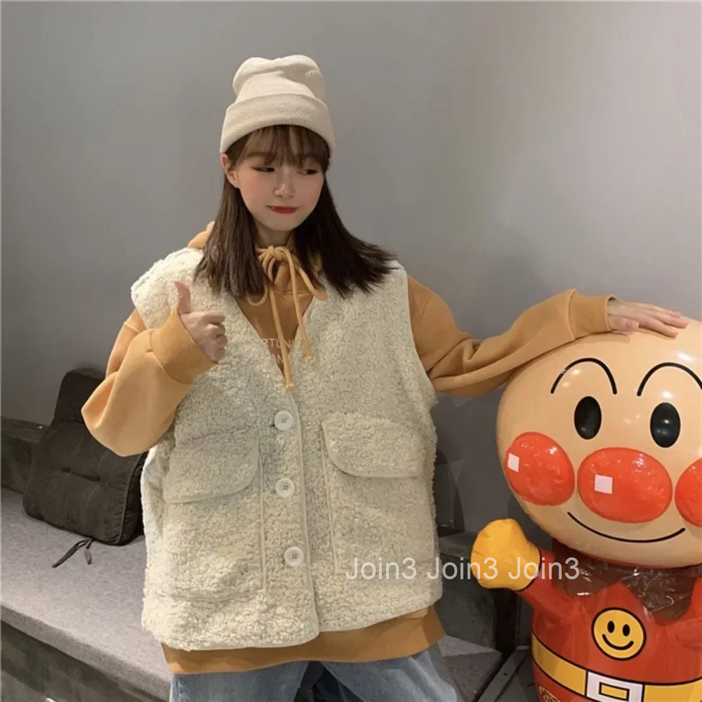 Lamb Plush Solid Color Korean Style Lady Giletes Autumn Warm Cold Clothes Fashion 2025 Womens Vests Coats on Sale Sleeveless