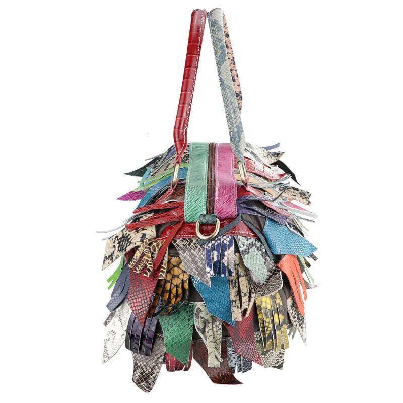 San Maries New Colorful Snake Pattern Genuine Leather Tote For Lady Travel Purses And Handbags Women Fashion Boston Fringes Bags